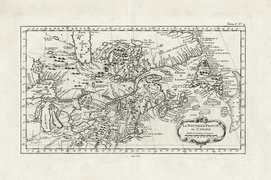 La Nouvelle France où Canada, ,Bellin, 1764 Ver. II, vintage map reprinted on durable cotton canvas, 50 x 70 cm, 20 x 25" approx. - The Map Chest