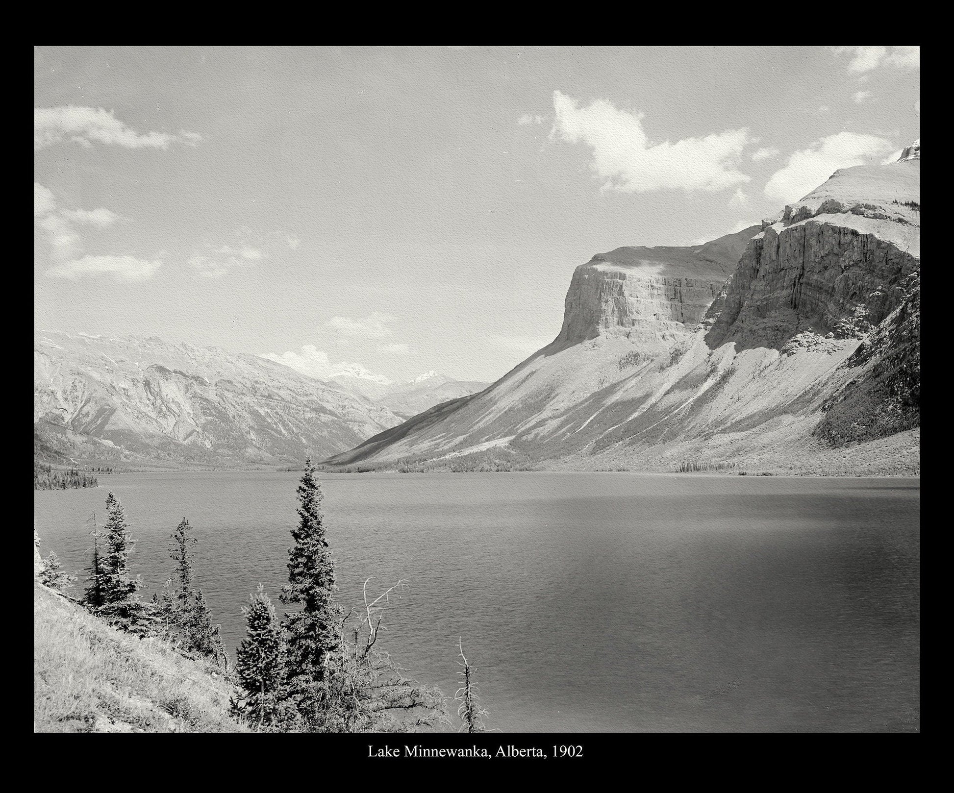 Lake Minnewanka, Alberta, 1902, vintage photograph reprinted on durable cotton canvas, 50 x 70 cm, 20 x 25" approx. - The Map Chest