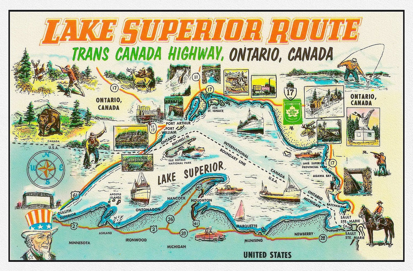 Lake Superior Route, Trans Canada Highway, Ontario, , map on heavy cotton canvas, 22x27" approx. - The Map Chest