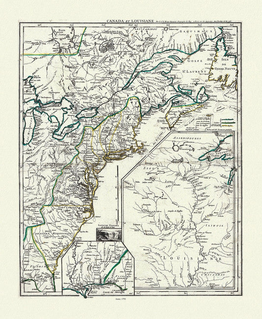 LaRouge, Canada et Louisiana, 1793, map on heavy cotton canvas, 50 x 70 cm, 20 x 25" approx. - The Map Chest