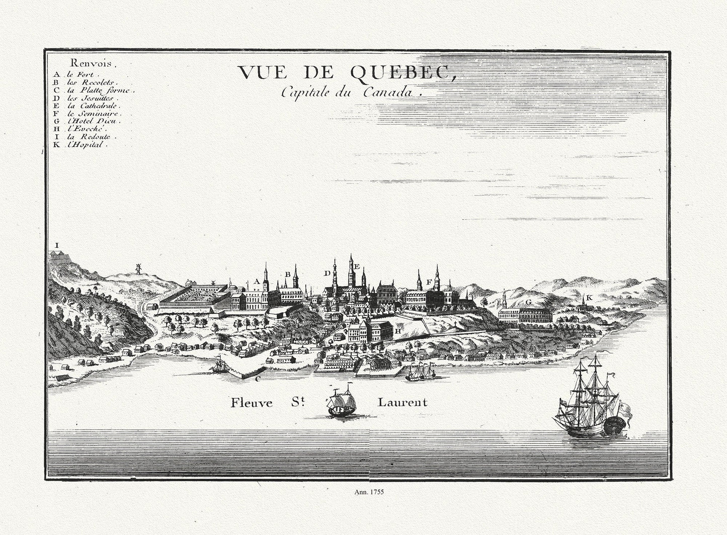 Le Rouge, Vue de Quebec, Capitale du Canada, 1755, on heavy cotton canvas, 20 x 25" approx. - The Map Chest