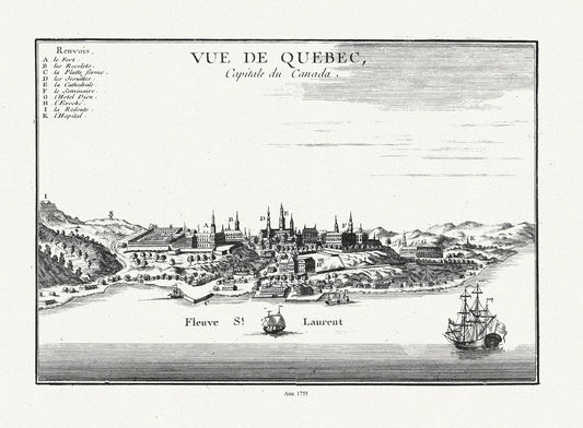 Le Rouge, Vue de Quebec, Capitale du Canada, 1755, on heavy cotton canvas, 20 x 25" approx. - The Map Chest