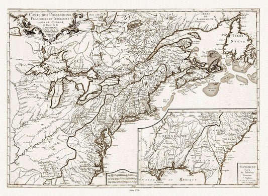 Longchamps et Thevenard, Carte des possessions françoises et angloises , et partie de la Louisiane, 1756 Ver. D, on canvas, 20x25" - The Map Chest
