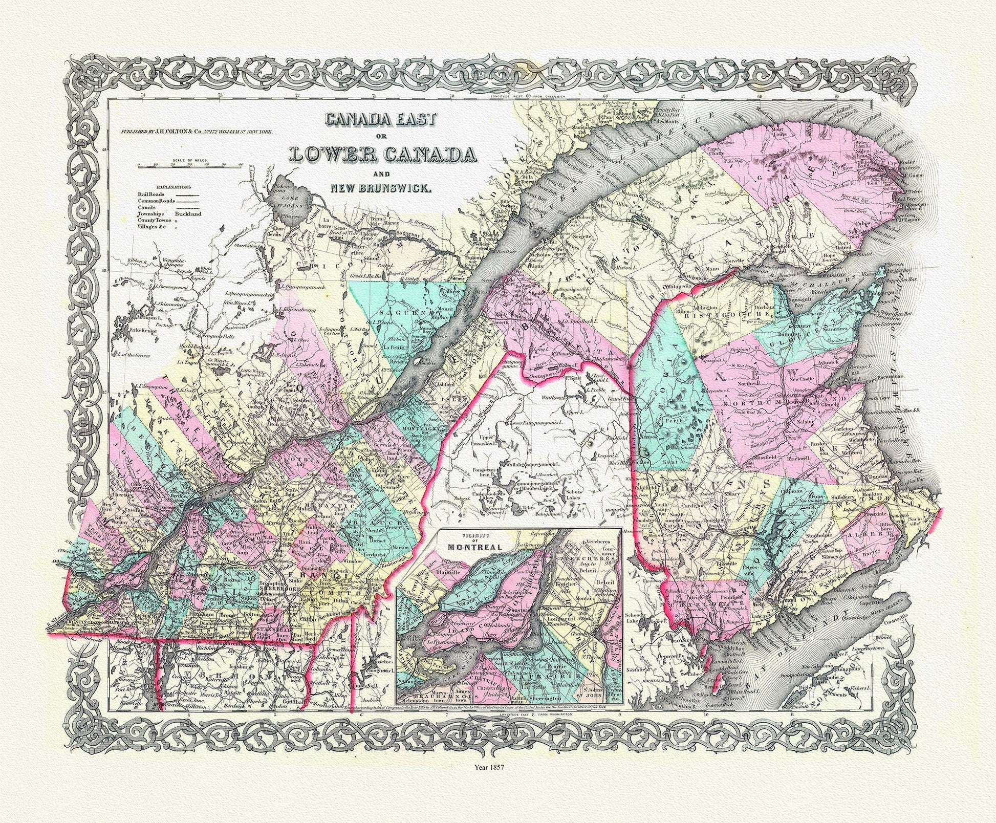 Lower Canada. 1857, map on durable cotton canvas, 50 x 70 cm, 20 x 25" approx. - The Map Chest