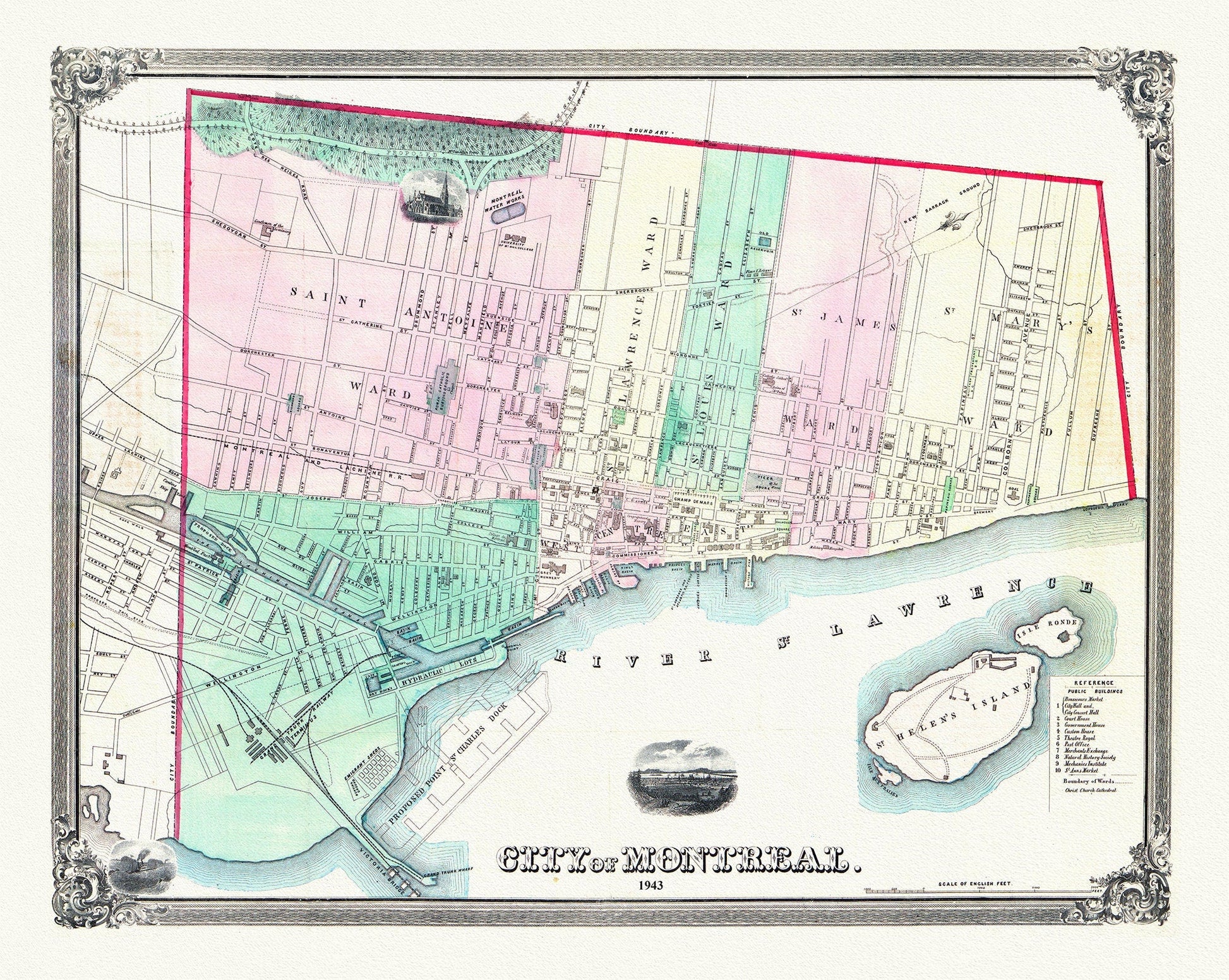 Magnus, City of Montreal, 1863, map on heavy cotton canvas, 20x27" approx. - The Map Chest