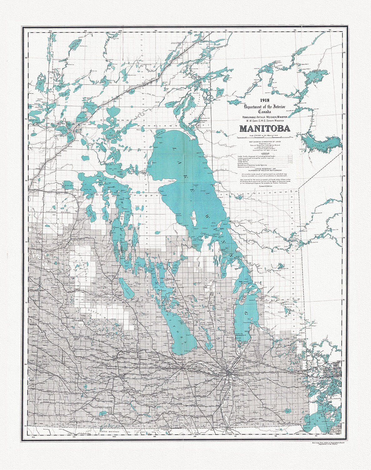 Manitoba, map showing disposition of lands, 1918 , map on heavy cotton canvas, 22x27" approx. - The Map Chest