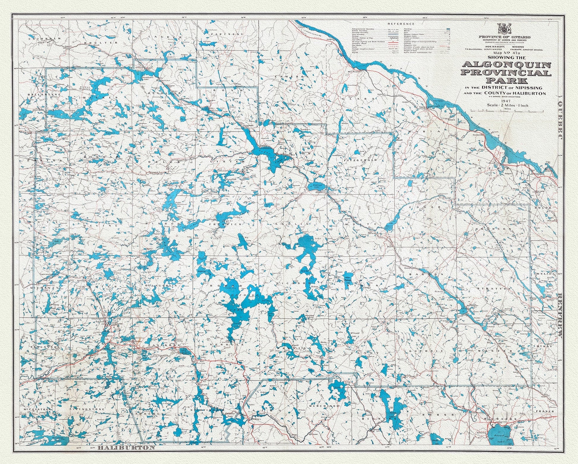 Map No. 47A showing the Algonquin Provincial Park in the District of Nipissing and the County of Haliburton, 1947, cotton canvas, 22x27" - The Map Chest
