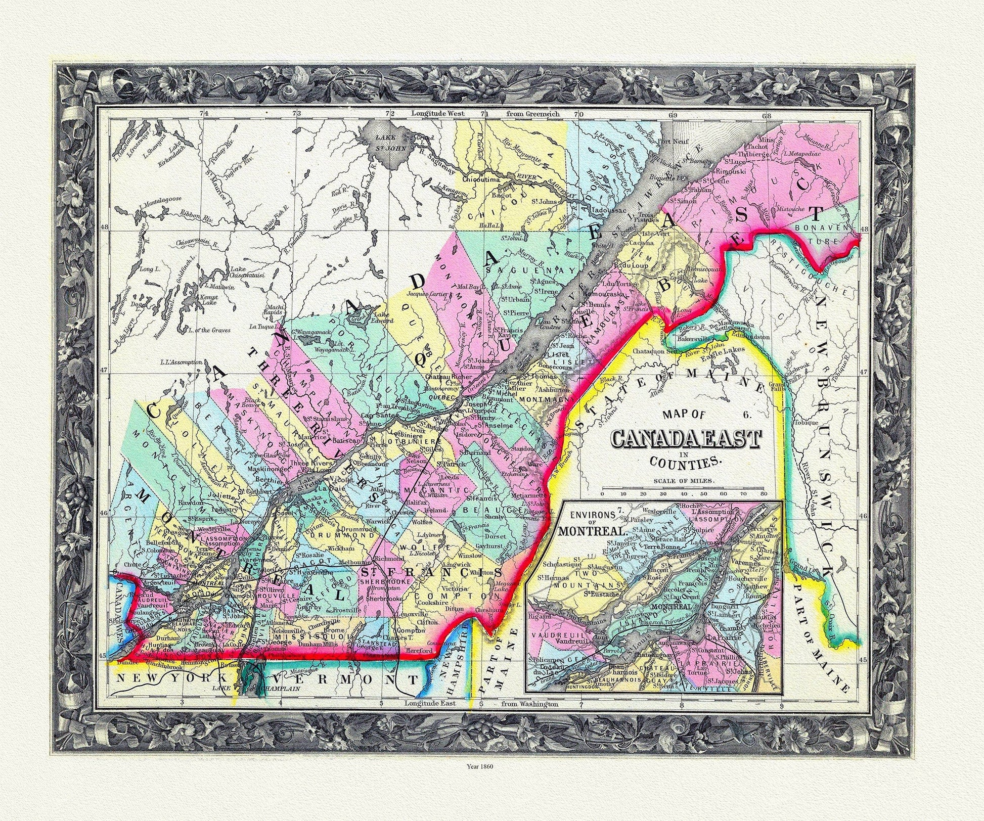 Map Of Canada East, In Counties, 1860 , map on durable cotton canvas, 50 x 70 cm, 20 x 25" approx. - The Map Chest