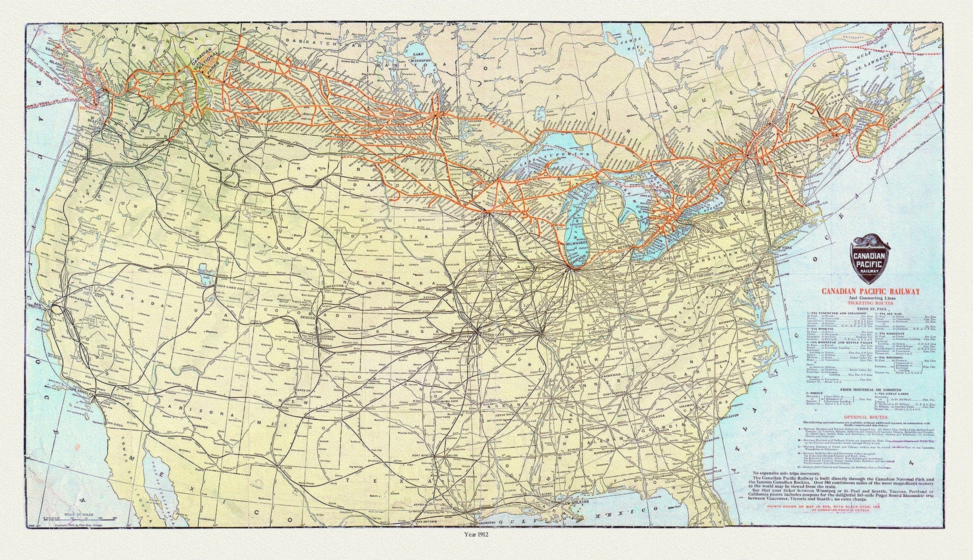 Map of Canadian Pacific Railway and Connecting Lines, 1912, on heavy cotton canvas, 20x27" approx. - The Map Chest