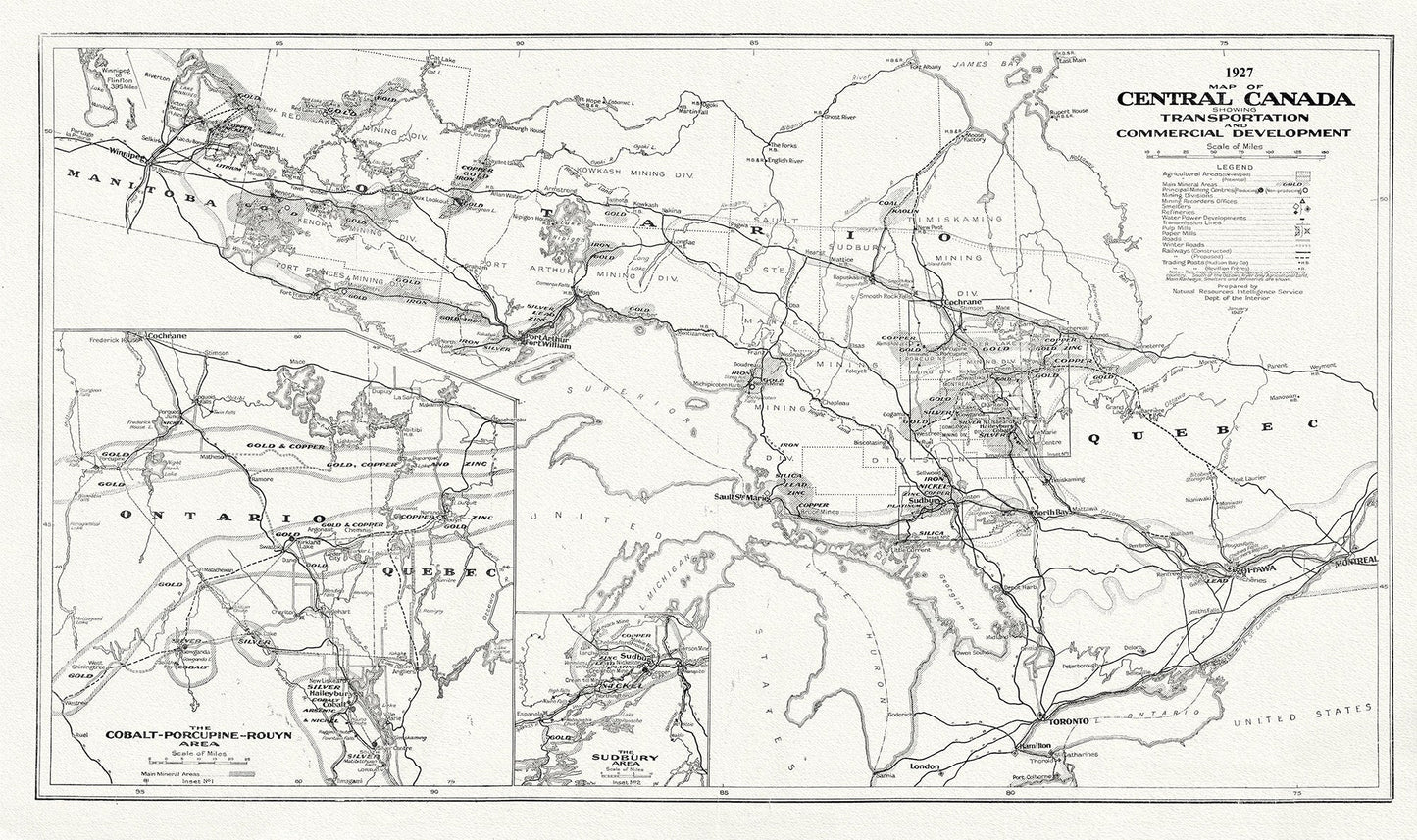 Map of Central Canada Showing Transportation and Commercial Development, 1927, map on heavy cotton canvas, 50 x 70cm, 20 x 25" approx. - The Map Chest
