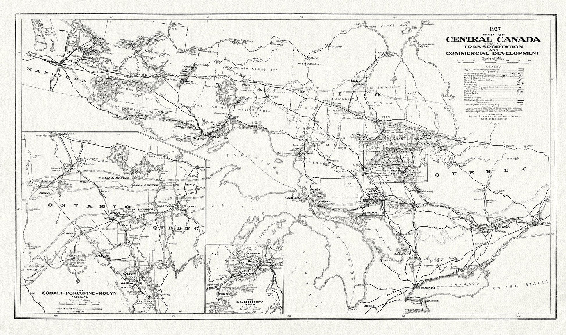Map of Central Canada Showing Transportation and Commercial Development, 1927, map on heavy cotton canvas, 50 x 70cm, 20 x 25" approx. - The Map Chest