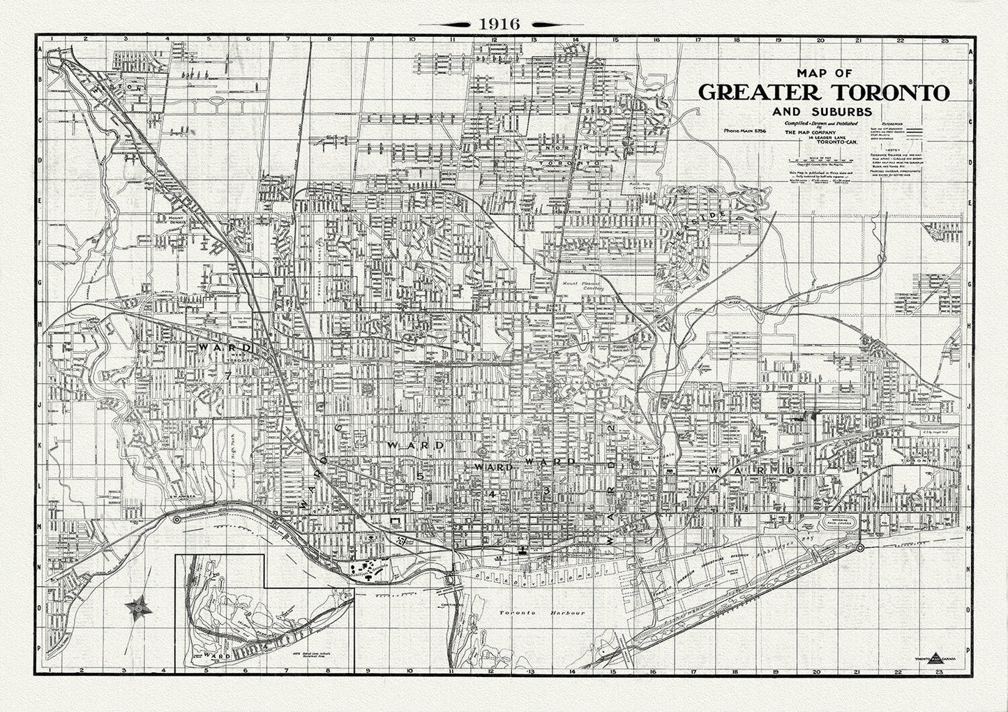 Map of Greater Toronto & Suburbs, 1916 , map on heavy cotton canvas, 22x27" approx. - The Map Chest