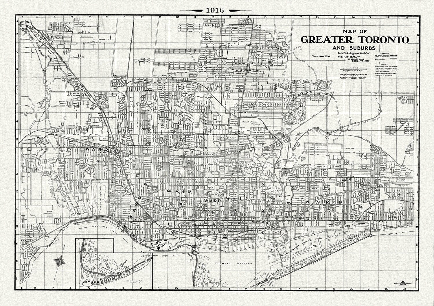 Map of Greater Toronto & Suburbs, 1916 , map on heavy cotton canvas, 22x27" approx. - The Map Chest