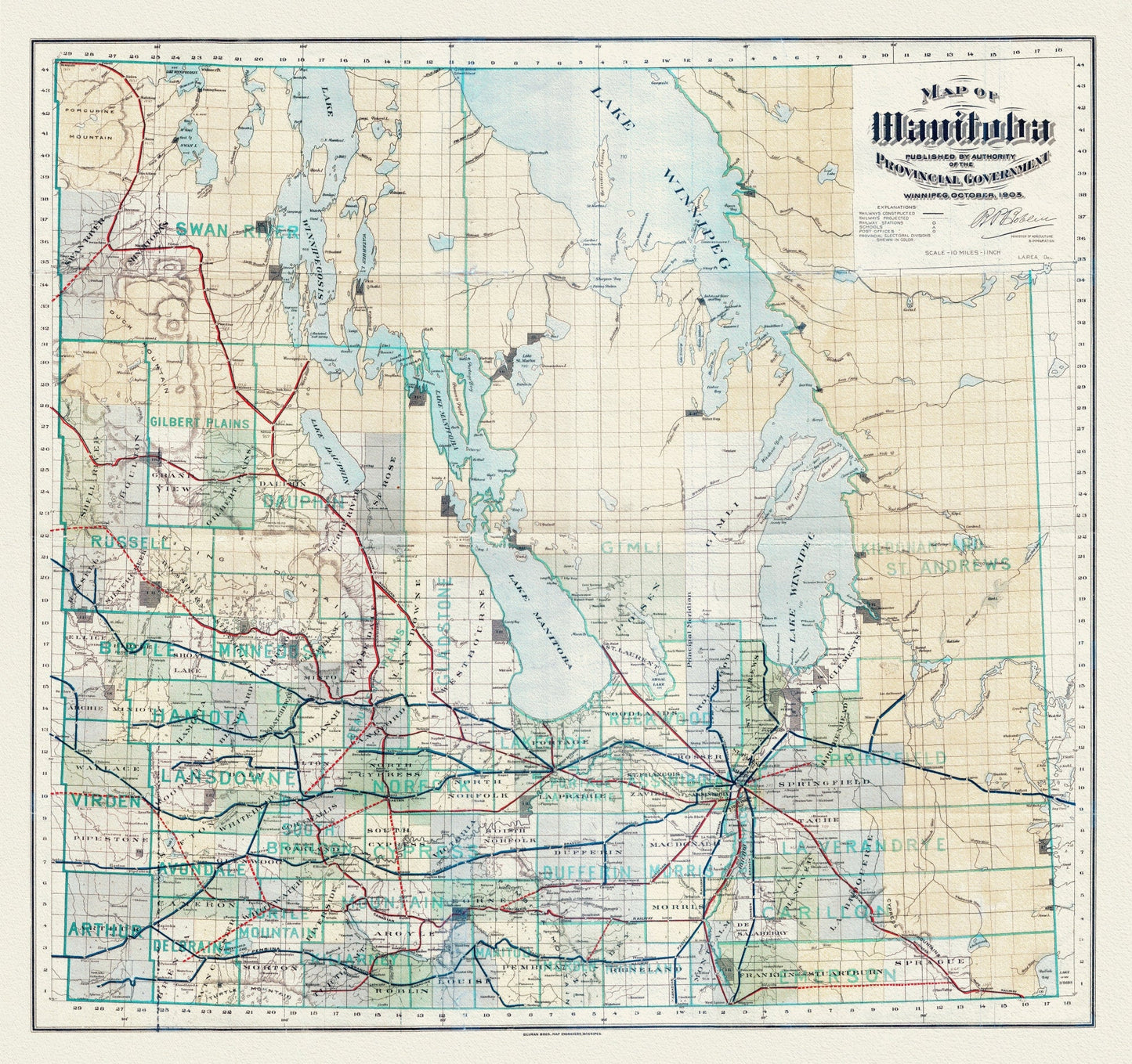 Map of Manitoba published by the authority of the Provincial Government, 1903, map on heavy cotton canvas, 22x27" approx. - The Map Chest