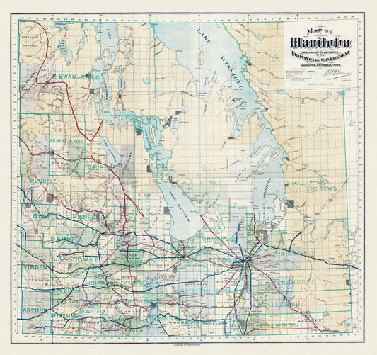 Map of Manitoba published by the authority of the Provincial Government, 1903, map on heavy cotton canvas, 22x27" approx. - The Map Chest
