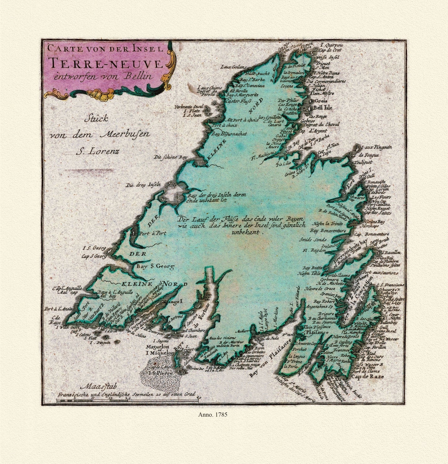 Map of Newfoundland, Canada, 1785, Authors Bellin et Raspe, on Heavy durable cotton canvas, approx. 20 x 24" - The Map Chest