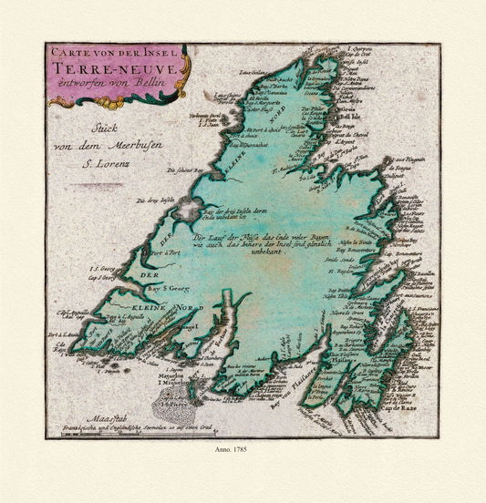 Map of Newfoundland, Canada, 1785, Authors Bellin et Raspe, on Heavy durable cotton canvas, approx. 20 x 24" - The Map Chest