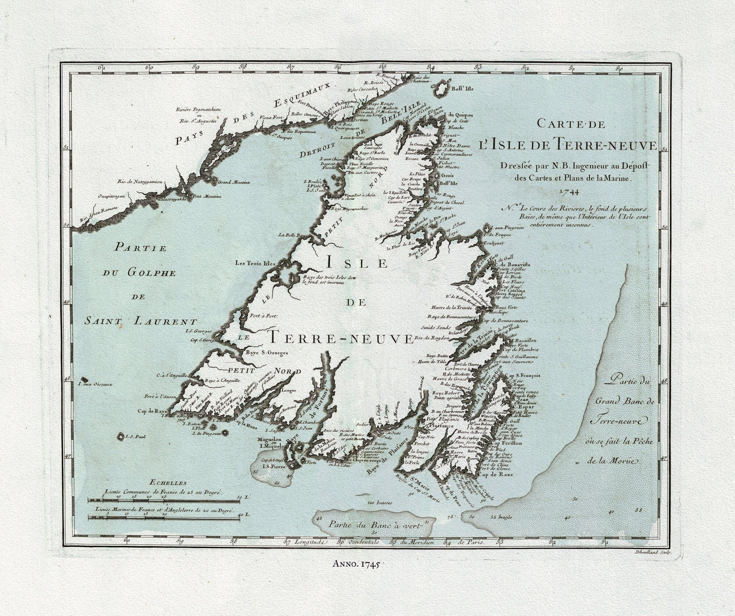Map of Newfoundland, Canada, Author Bellin, Jacques Nicolas, 1703 - 1772, on heavy cotton canvas, approx. 20x24" - The Map Chest