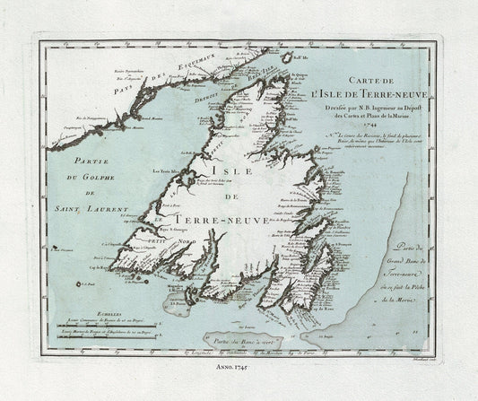 Map of Newfoundland, Canada, Author Bellin, Jacques Nicolas, 1703 - 1772, on heavy cotton canvas, approx. 20x24" - The Map Chest