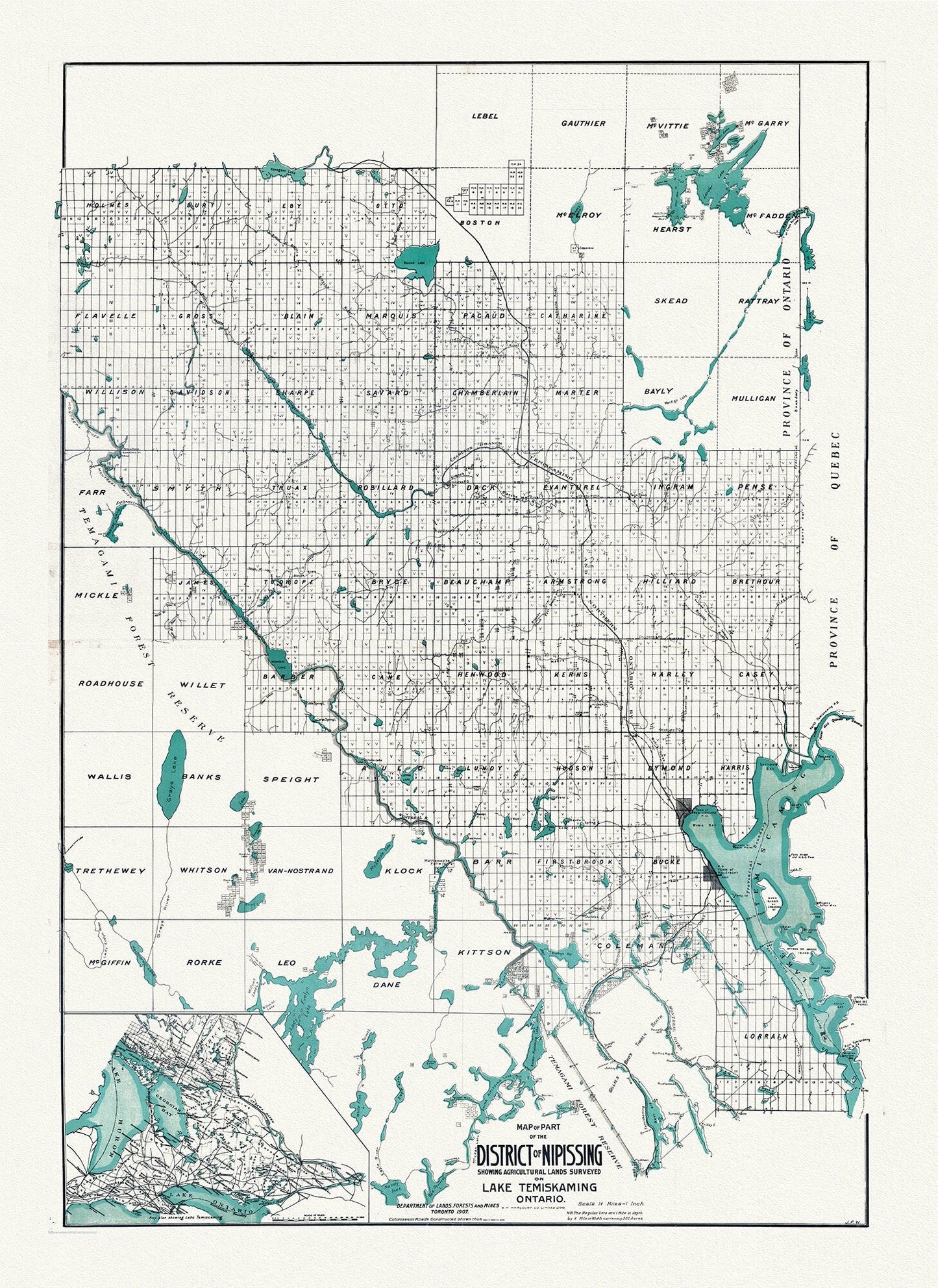 Map of part of the District of Nipissing showing Agricultural lands on Lake Temiskaming Ontario, 1907, map on canvas, 20 x 25" approx. - The Map Chest