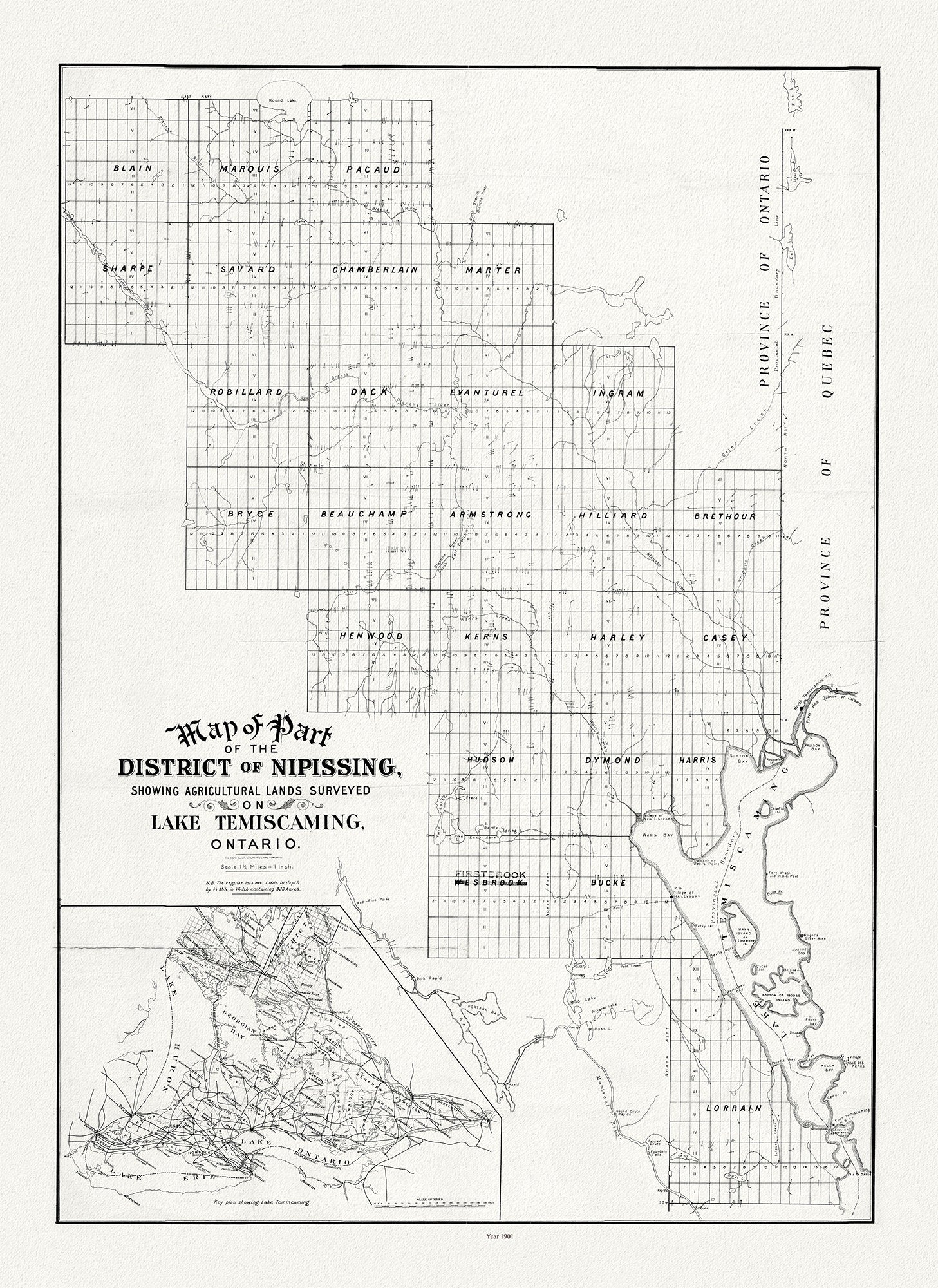 Map of part of the district of Nipissing showing agricultural lands surveyed on Lake Temiscaming, Ontario, 1901 - The Map Chest