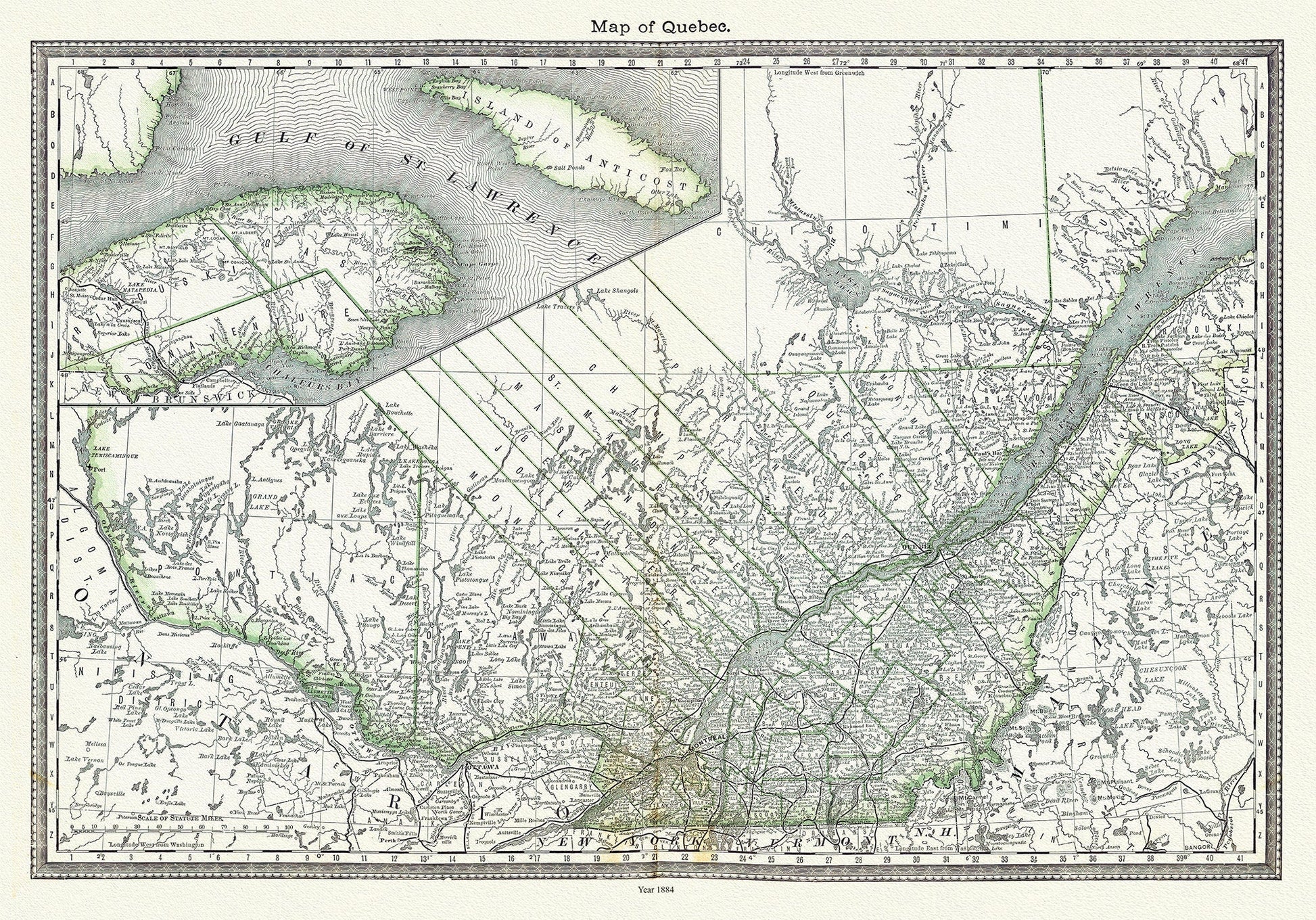 Map of Quebec, 1884, Hardesty & Co. auth. , map on durable cotton canvas, 50 x 70 cm, 20 x 25" approx. - The Map Chest