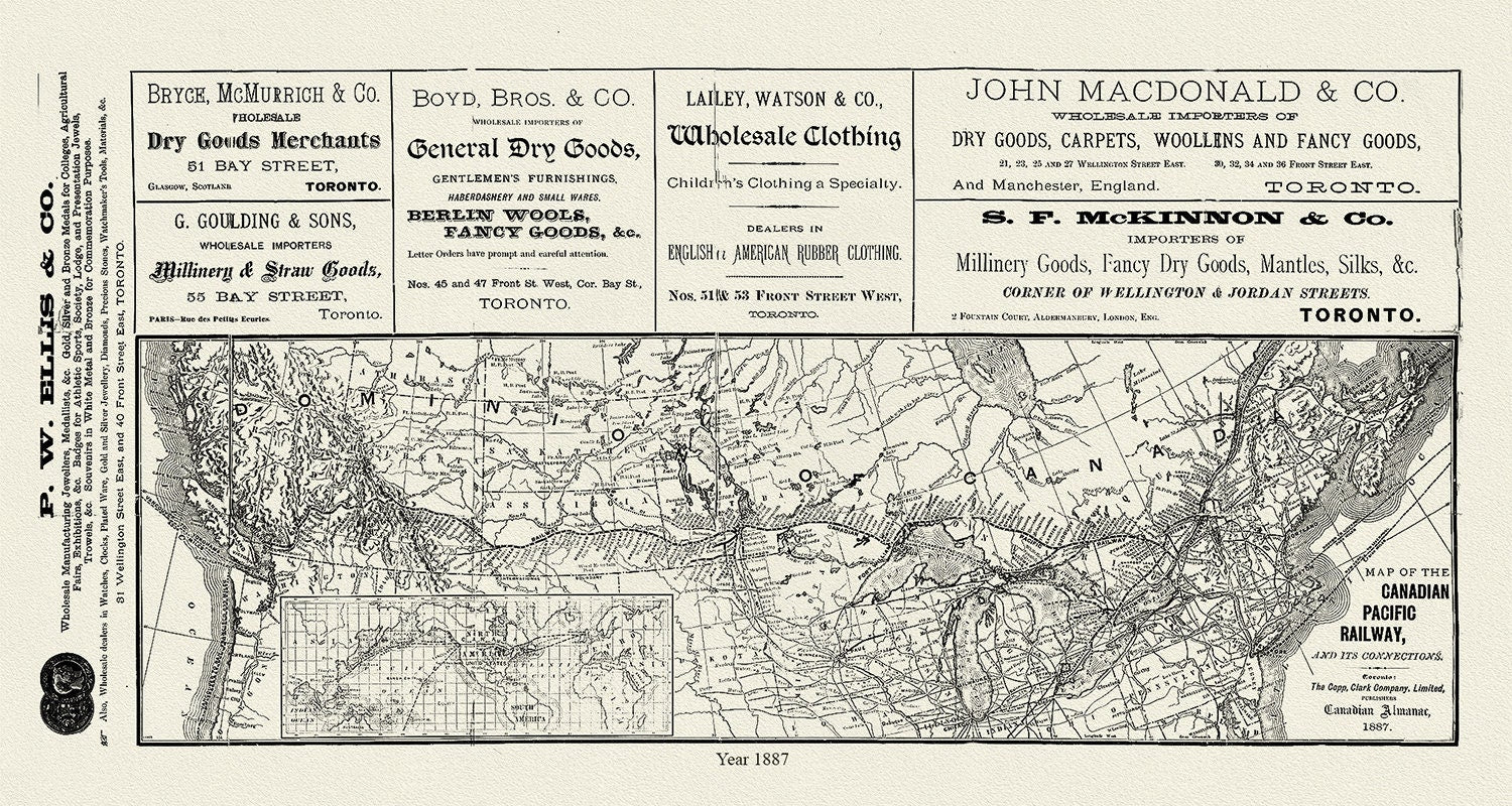 Map of the Canadian Pacific Railway, and its connections, 1887 , map on heavy cotton canvas, 50 x 70cm, 20 x 25" approx. - The Map Chest