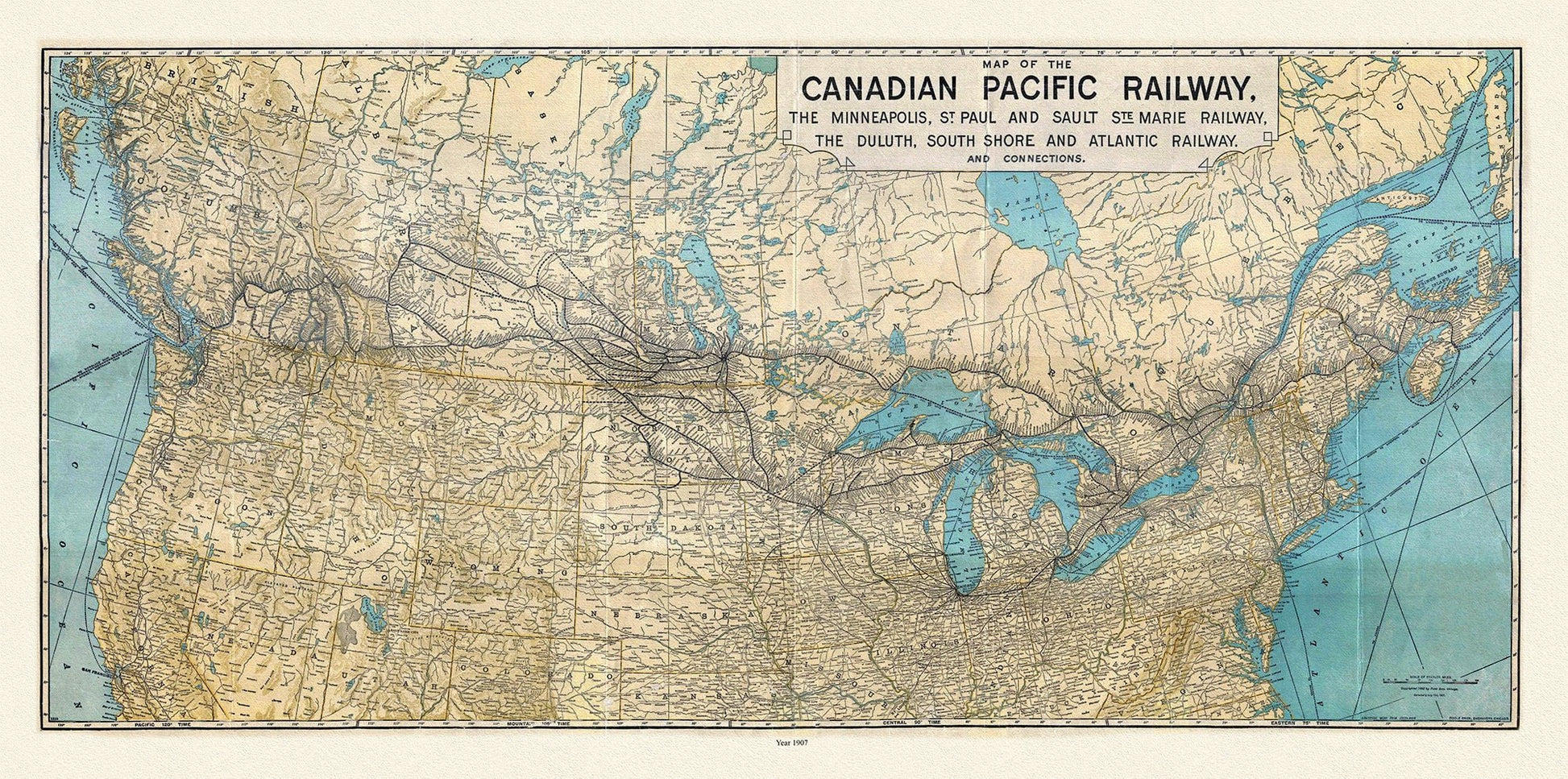 Map of the Canadian Pacific Railway, the Minneapolis, St. Paul and Sault Ste. Marie, Railway, Duluth, South Shore et c., 1907, 22x27" canvas - The Map Chest
