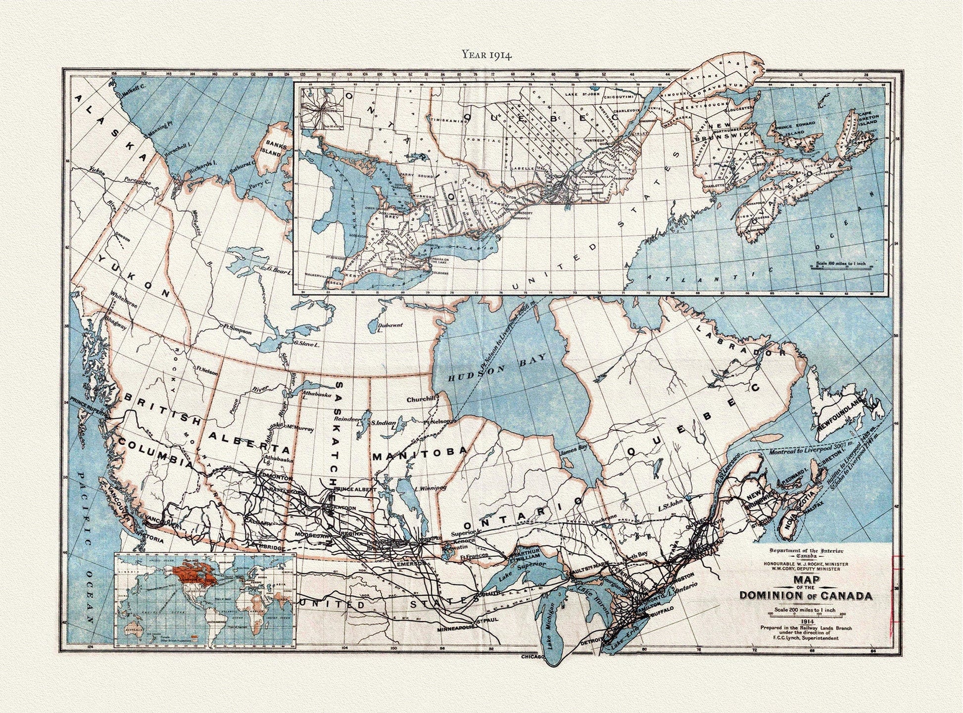 Map of the Dominion of Canada, 1914 , map on heavy cotton canvas, 20 x 25" approx. - The Map Chest