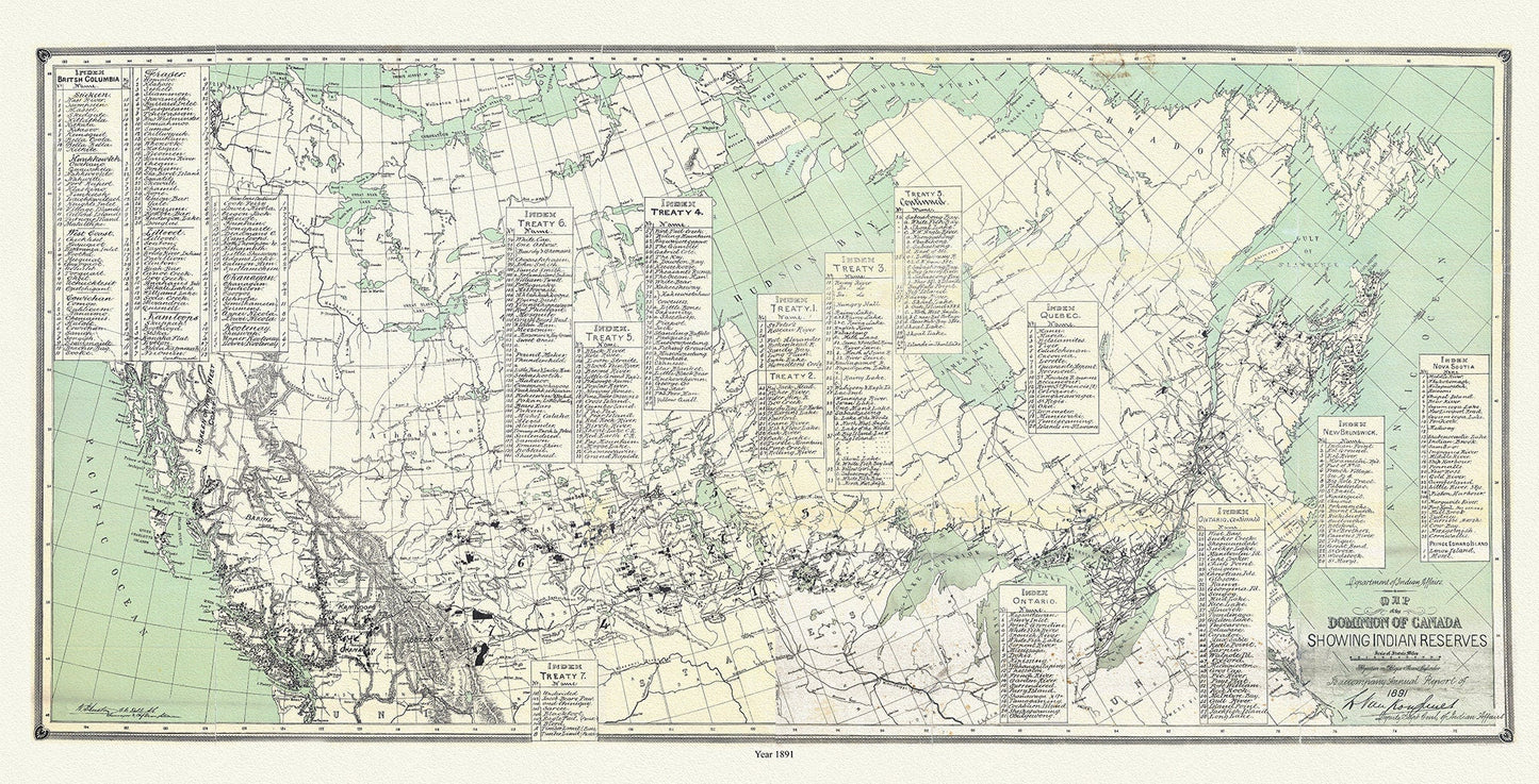 Map of the Dominion of Canada, showing Indian reserves, 1891,, vintage map reprinted on durable cotton canvas, 16 x 30" approx. - The Map Chest