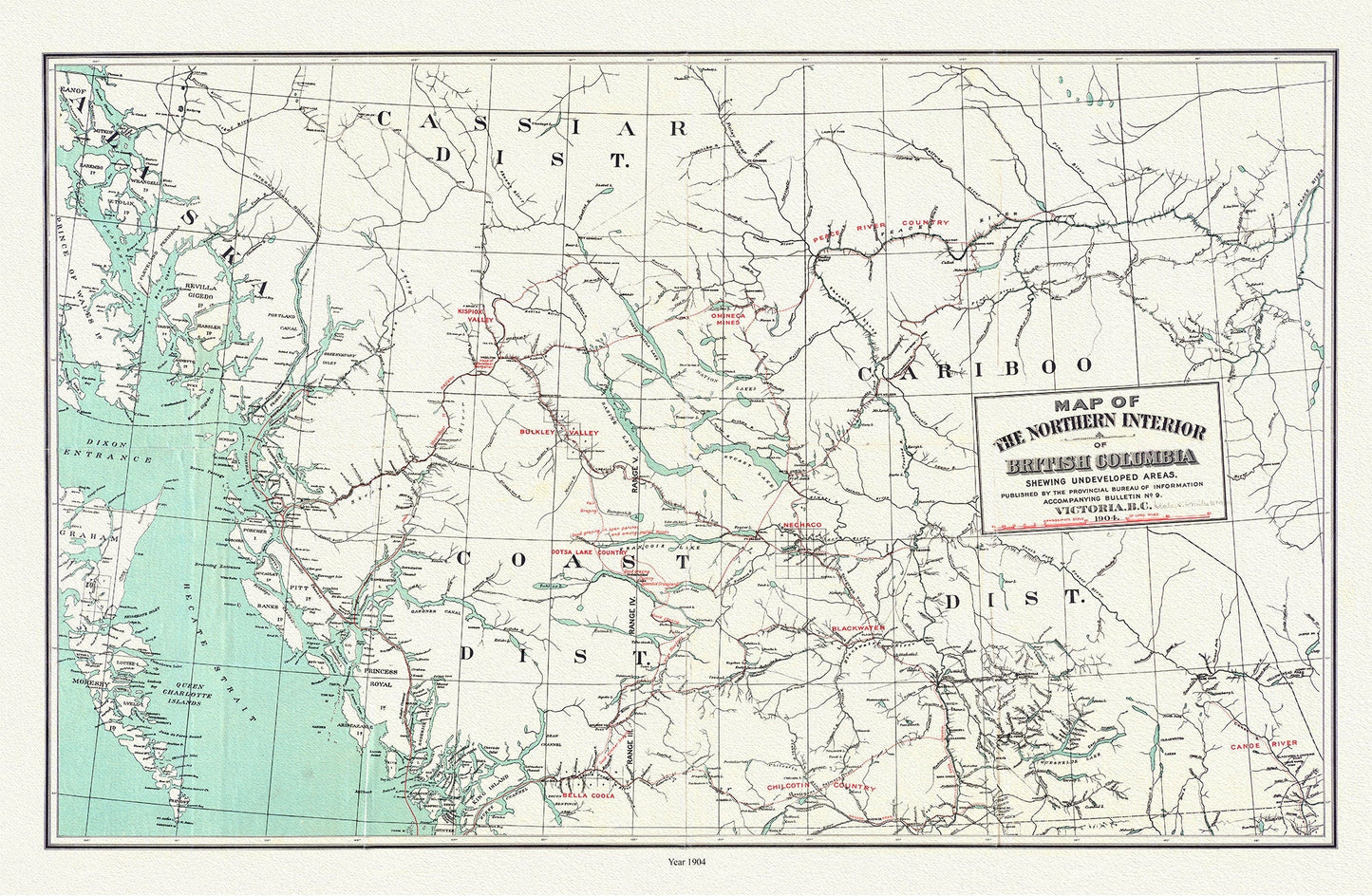 Map of the northern interior of British Columbia shewing undeveloped areas, 1904, map on durable cotton canvas, 50 x 70 cm, 20 x 25" approx. - The Map Chest
