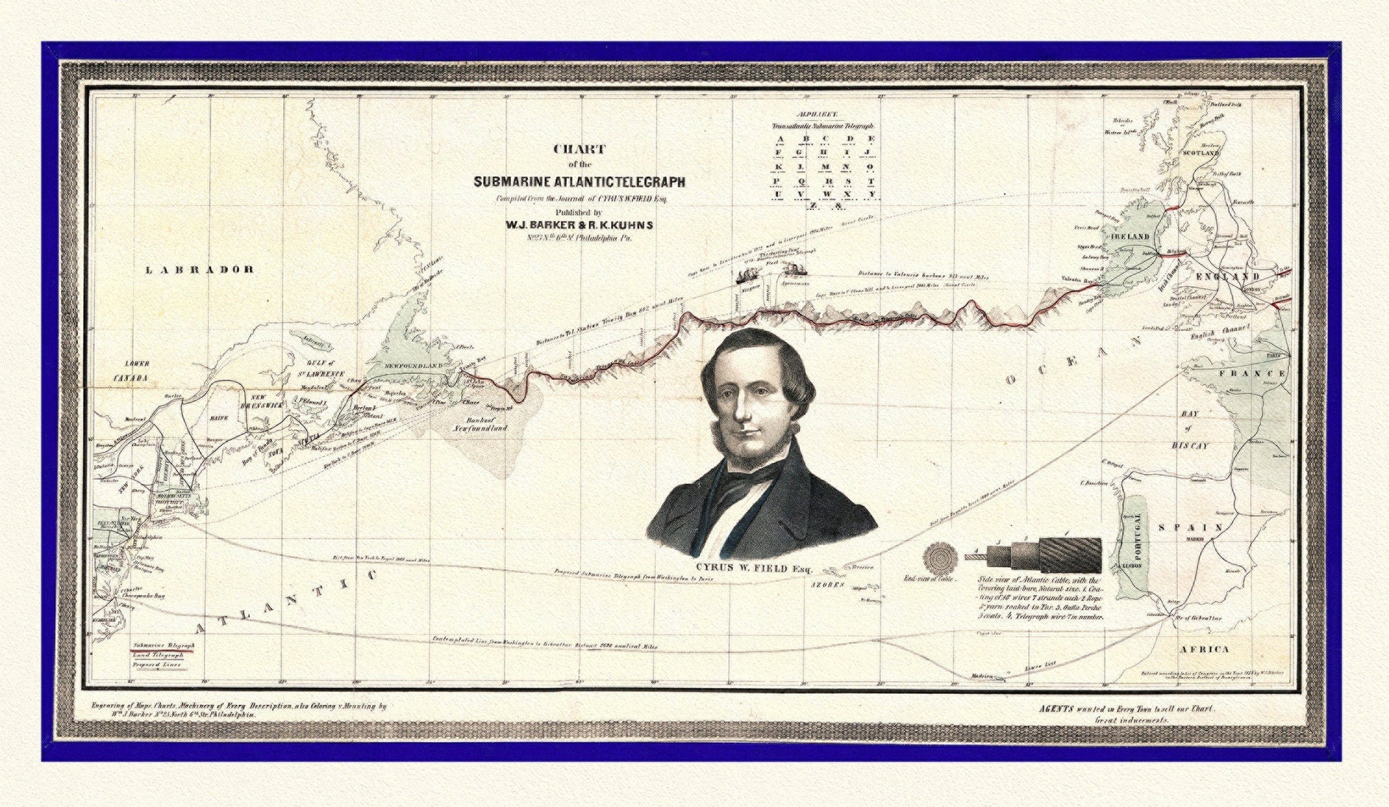 Map of The Submarine Atlantic Telegraph, on heavy canvas, 22x27" approx. - The Map Chest