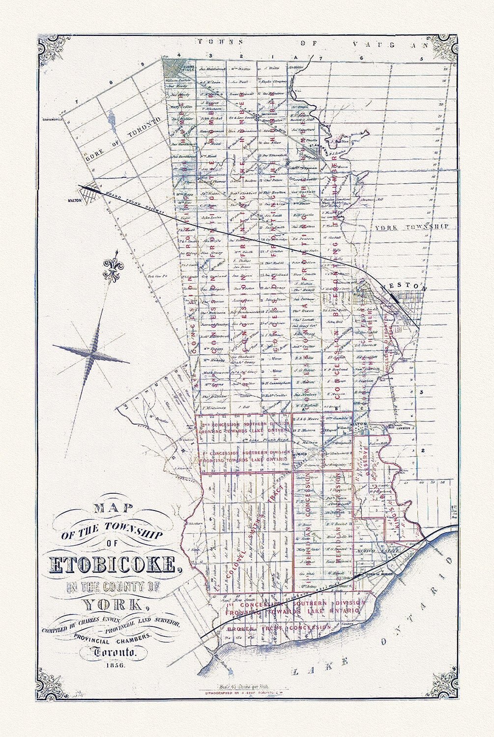 Map of the Township of Etobicoke, 1856, map on heavy cotton canvas, 22x27" approx. - The Map Chest