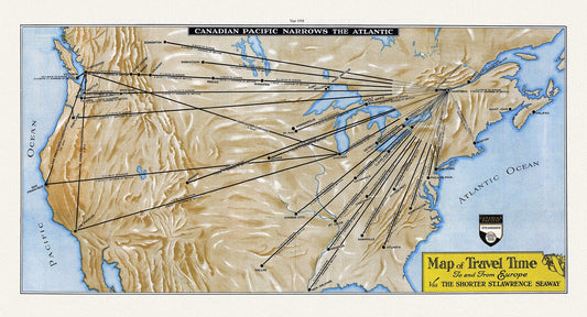 Map of Travel Time To and From Europe Via the Shorter St. Lawrence Seaway, 1938 Ver. 1 , map on cotton canvas, 50 x 70 cm, 20 x 25" approx. - The Map Chest