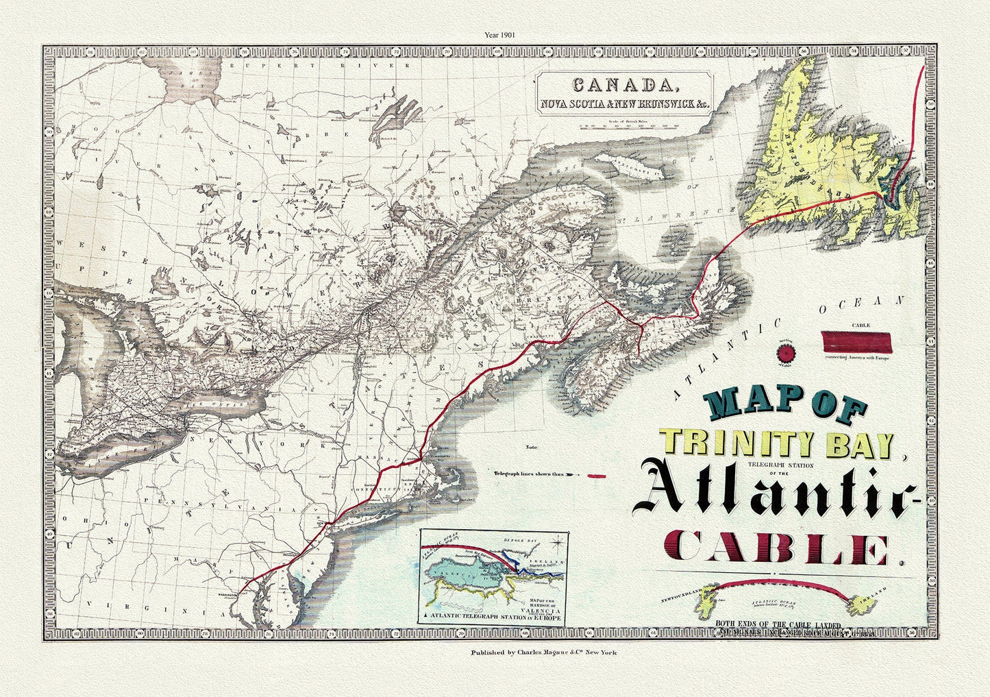 Map of Trinity Bay, Telegraph Station of the Atlantic Cable, 1901, on heavy canvas, 22x27" approx. - The Map Chest