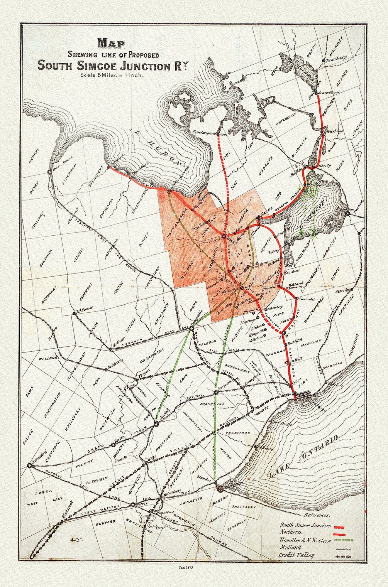 Map shewing line of proposed South Simcoe Junction Railway, Ontario, 1873, map on durable cotton canvas, 50 x 70 cm or 20x25" approx. - The Map Chest