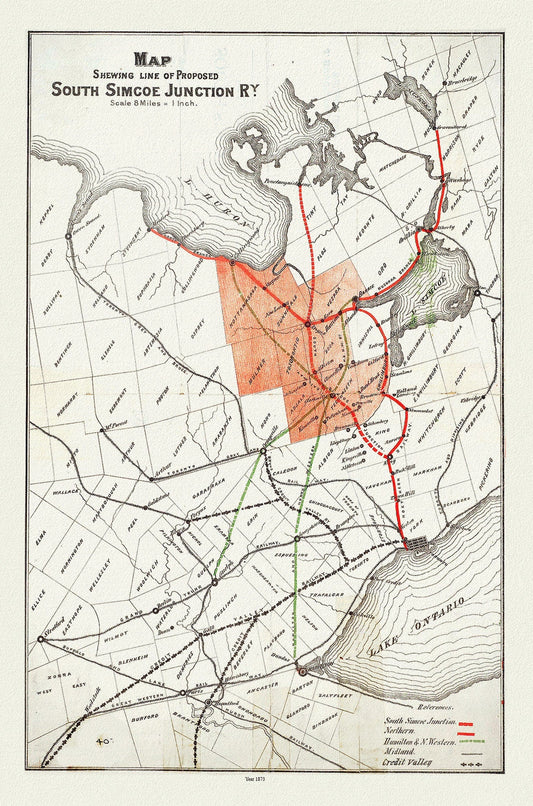 Map shewing line of proposed South Simcoe Junction Railway, Ontario, 1873, map on durable cotton canvas, 50 x 70 cm or 20x25" approx. - The Map Chest