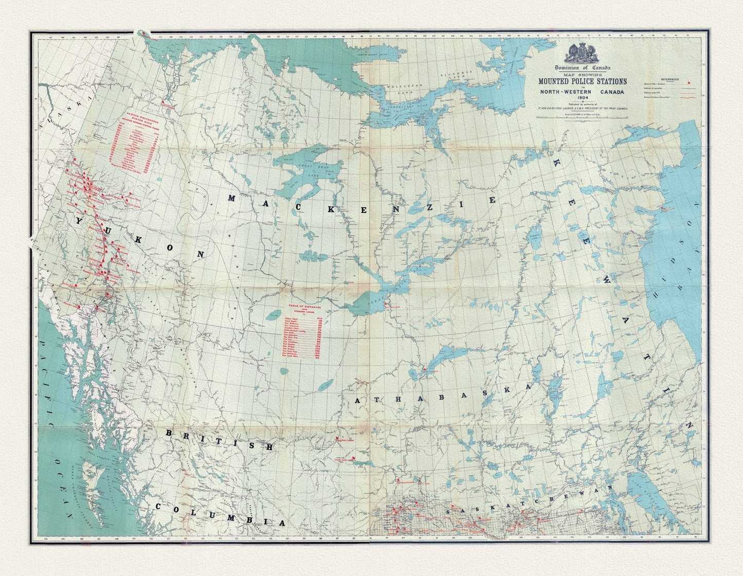 Map showing Mounted Police stations in North - Western Canada, 1904, map on heavy cotton canvas, 22x27" approx. - The Map Chest