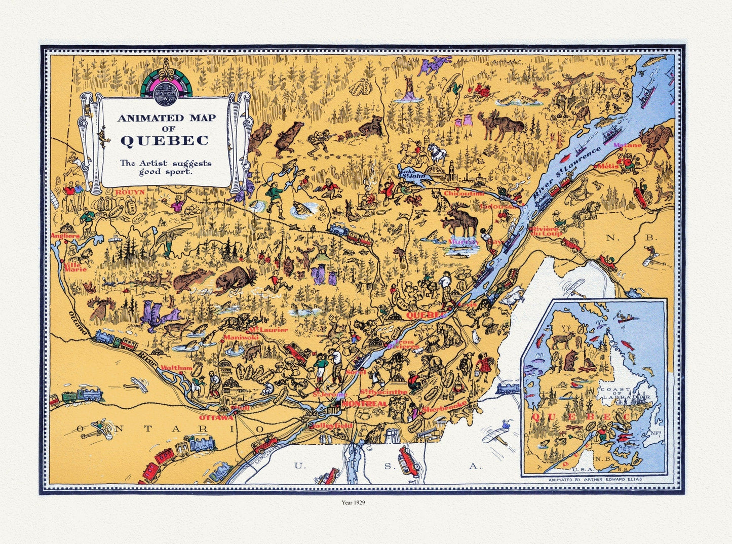 Master et Elias, An Animated Map of Quebec, 1929, map on durable cotton canvas, 50 x 70 cm, 20 x 25" approx. - The Map Chest