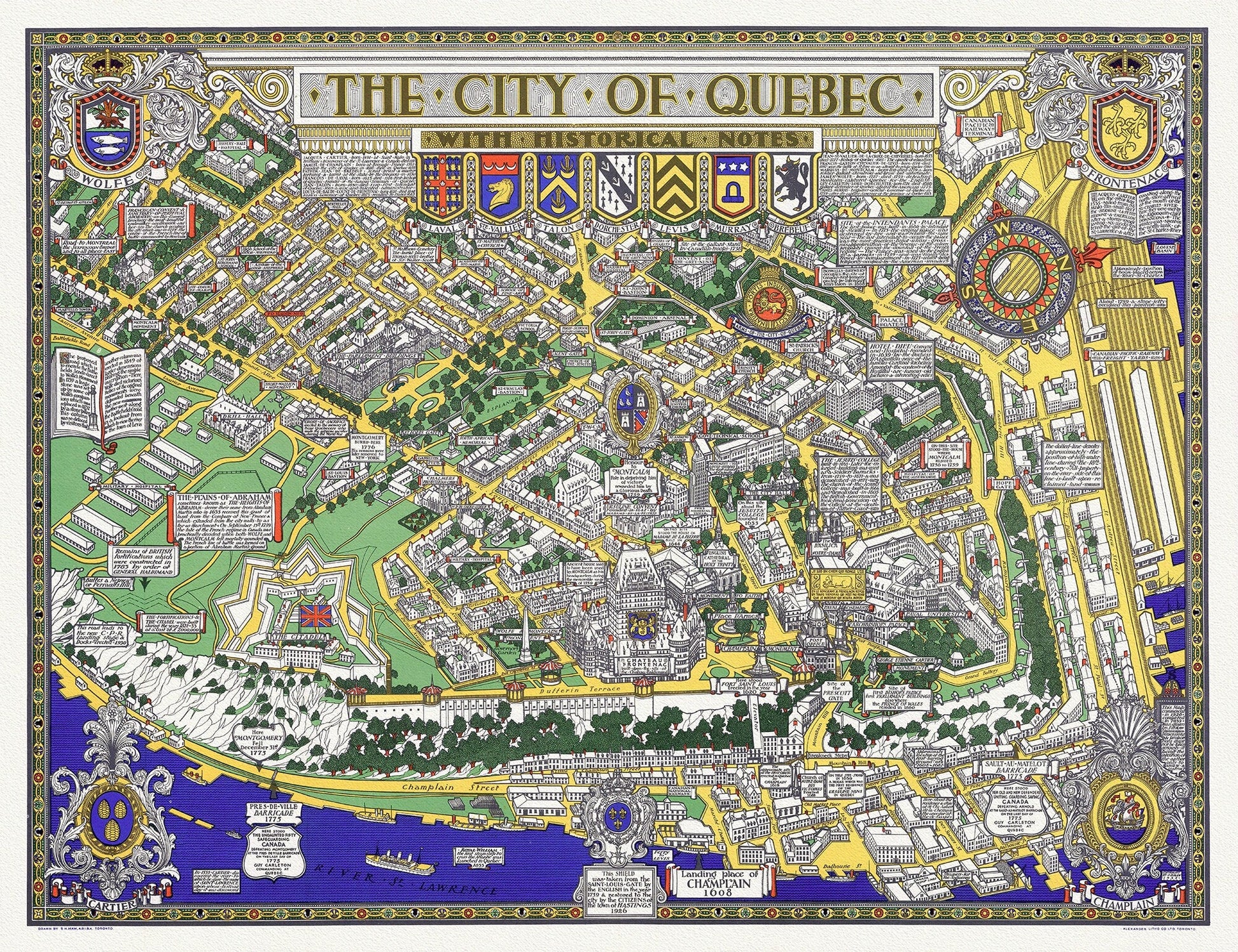 Maw, City of Quebec with Historical Notes, 1932, map on heavy cotton canvas, 20x27" approx. - The Map Chest