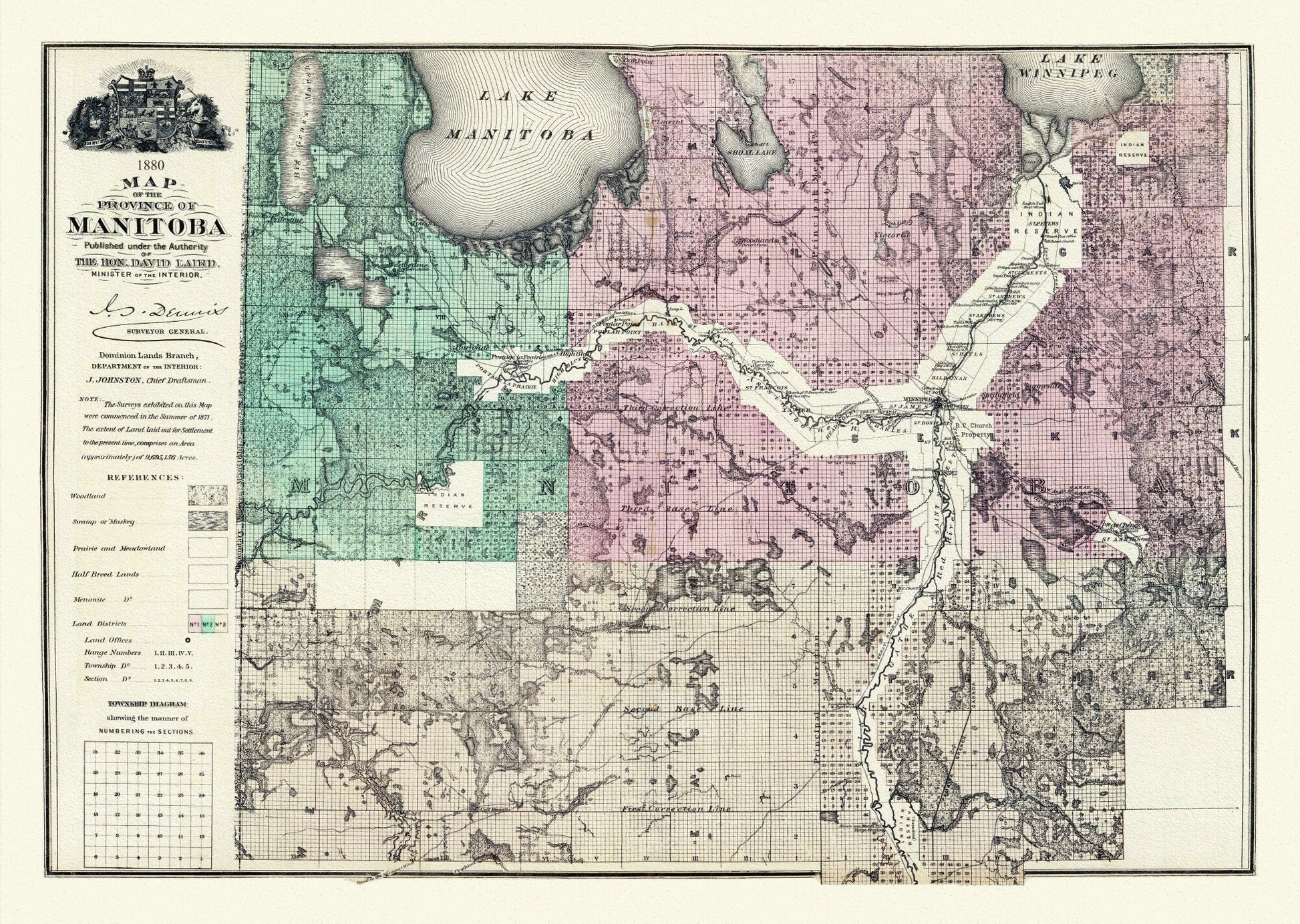 Meacham et Allan, Province of Manitoba, 1880, map on heavy cotton canvas, 22x27" approx. - The Map Chest