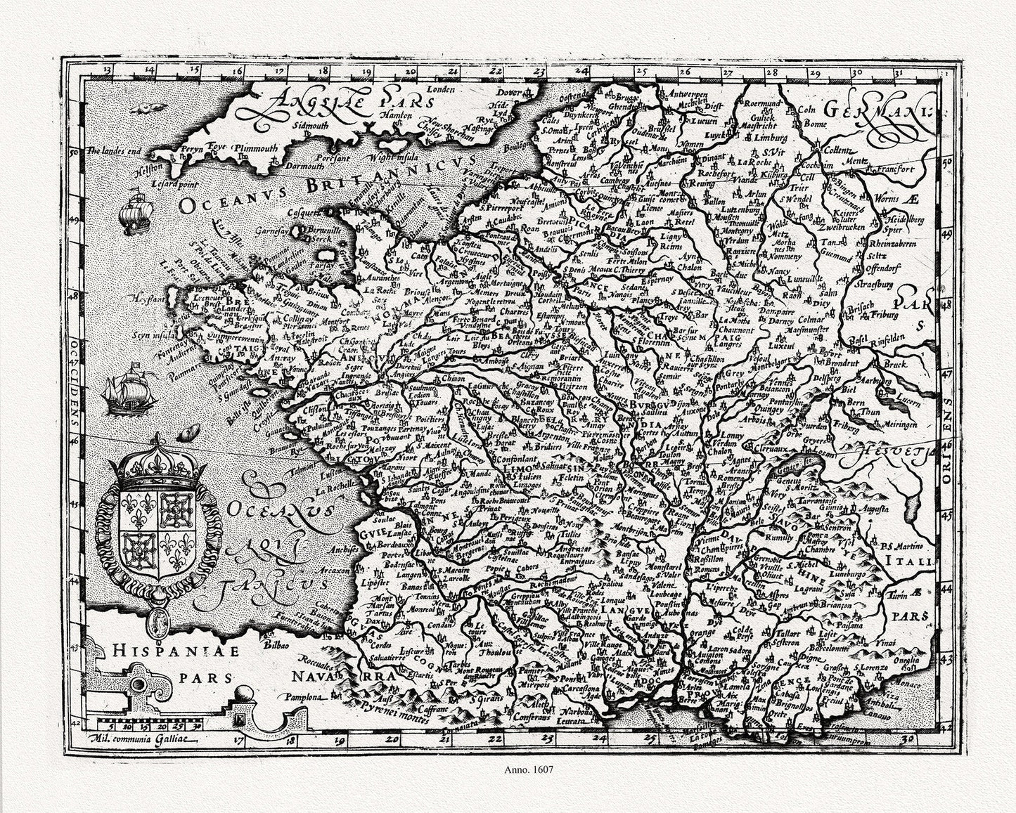 Mercator et Hondius, Gallia, 1607 ,une carte sur toile de coton épais, 56x70cm environ - The Map Chest