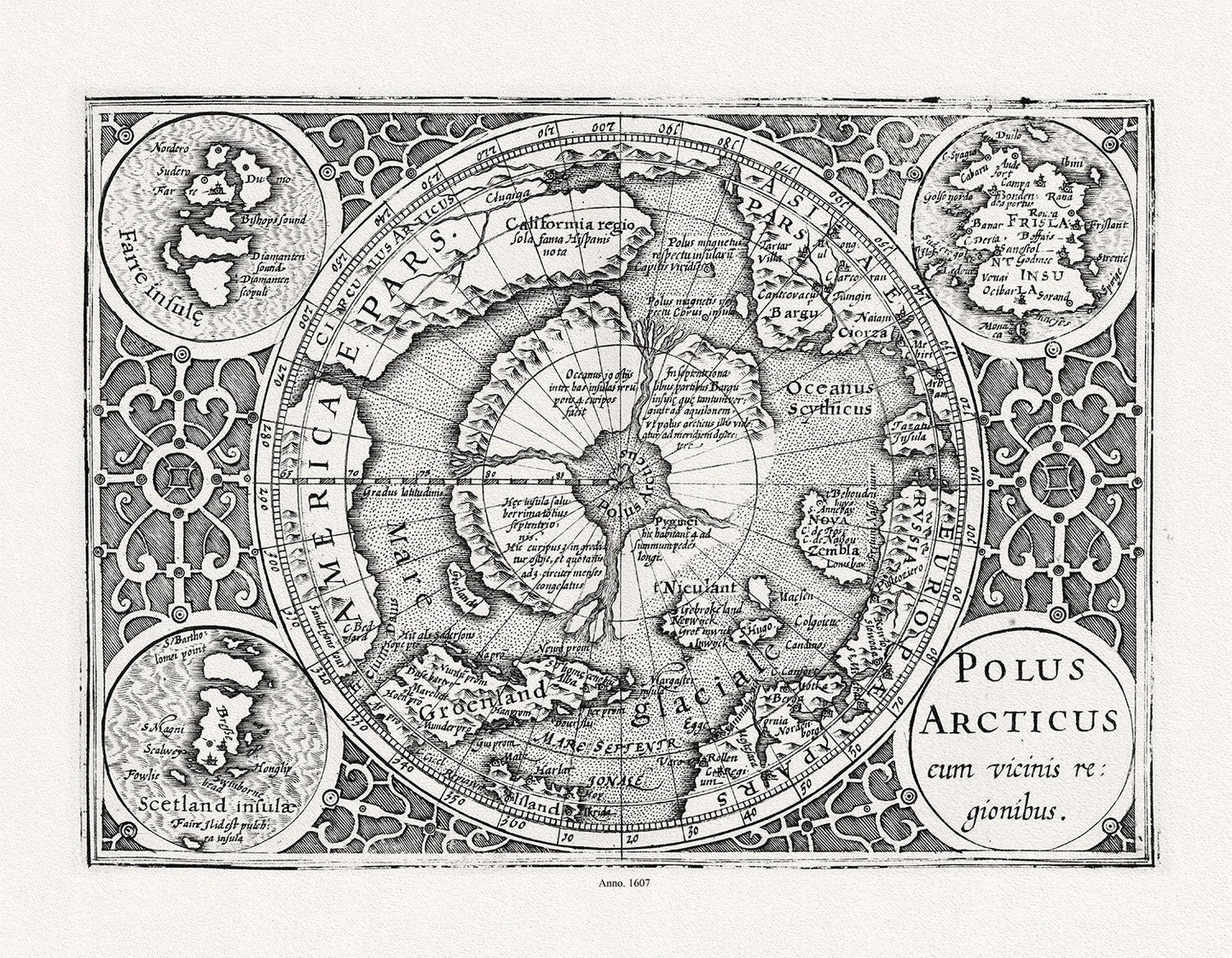 Mercator et Hondius, Polus Arcticus cum vicinis regionibus, 1607, Map printed on to heavy cotton canvas, 22x27in. approx. - The Map Chest