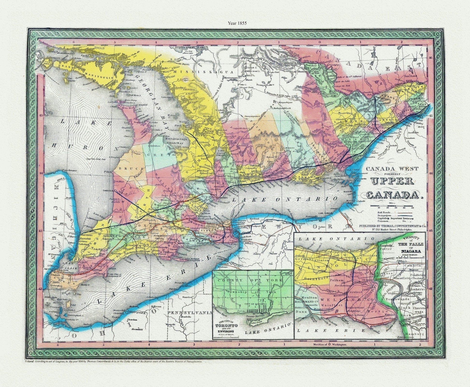 Mitchell, Canada West, (Formerly Upper Canada), 1855, map on heavy cotton canvas, 22x27" approx. - The Map Chest