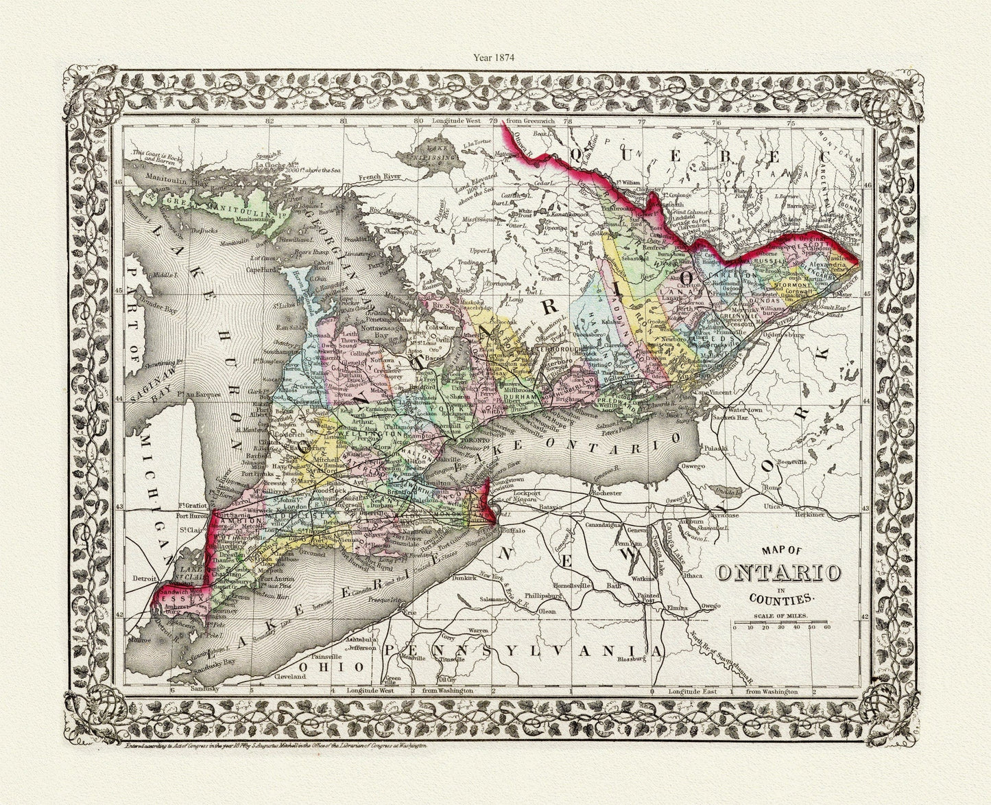 Mitchell, Map of Ontario in Counties, 1874, map on heavy cotton canvas, 22x27" approx. - The Map Chest