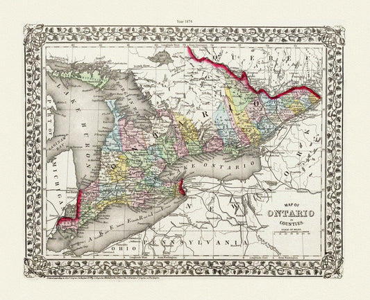 Mitchell, Map of Ontario in Counties, 1874, map on heavy cotton canvas, 22x27" approx. - The Map Chest