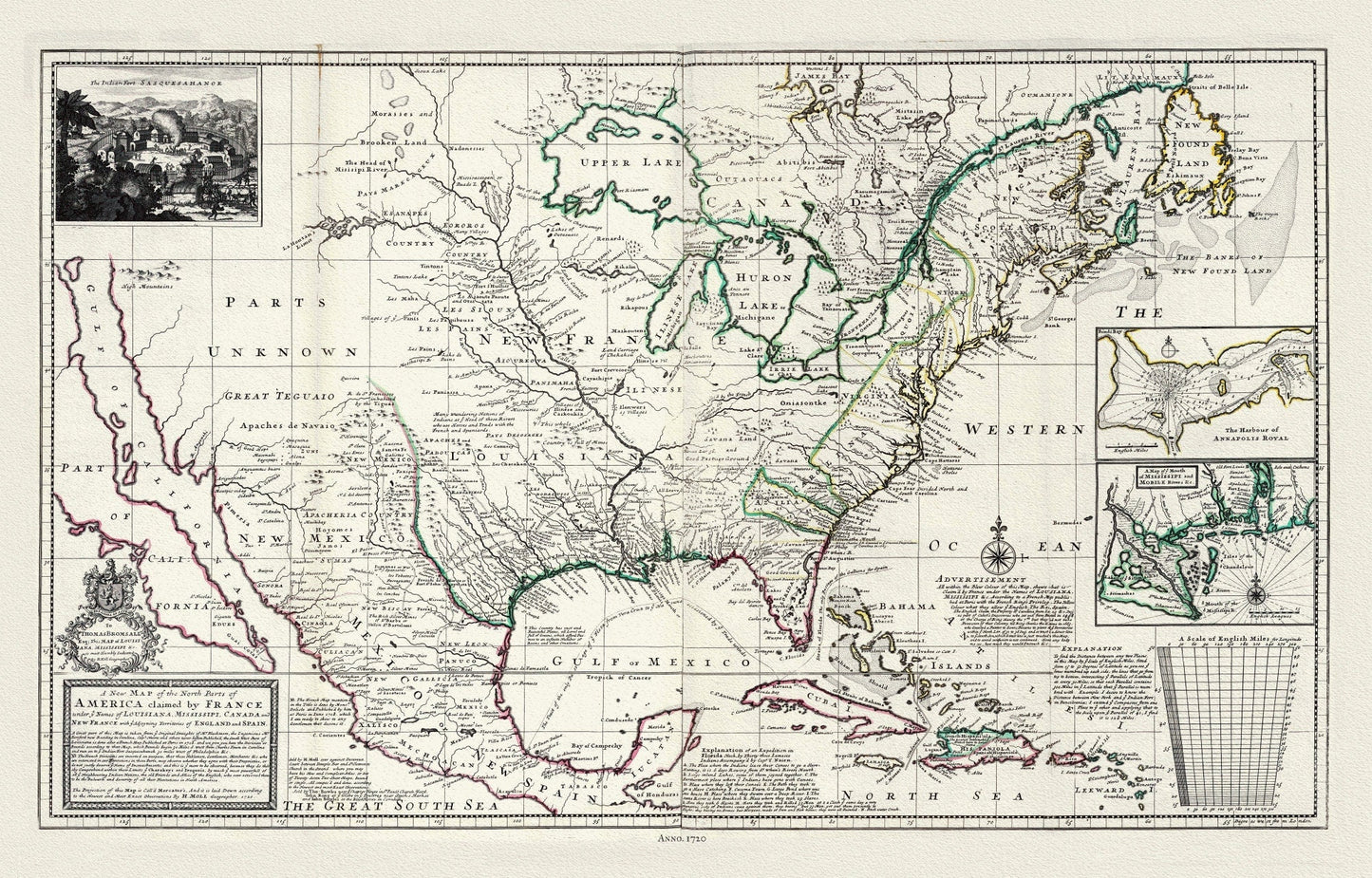 Moll, Parts of America Claimed by France, 1720, map on heavy cotton canvas, 22x27" approx. - The Map Chest