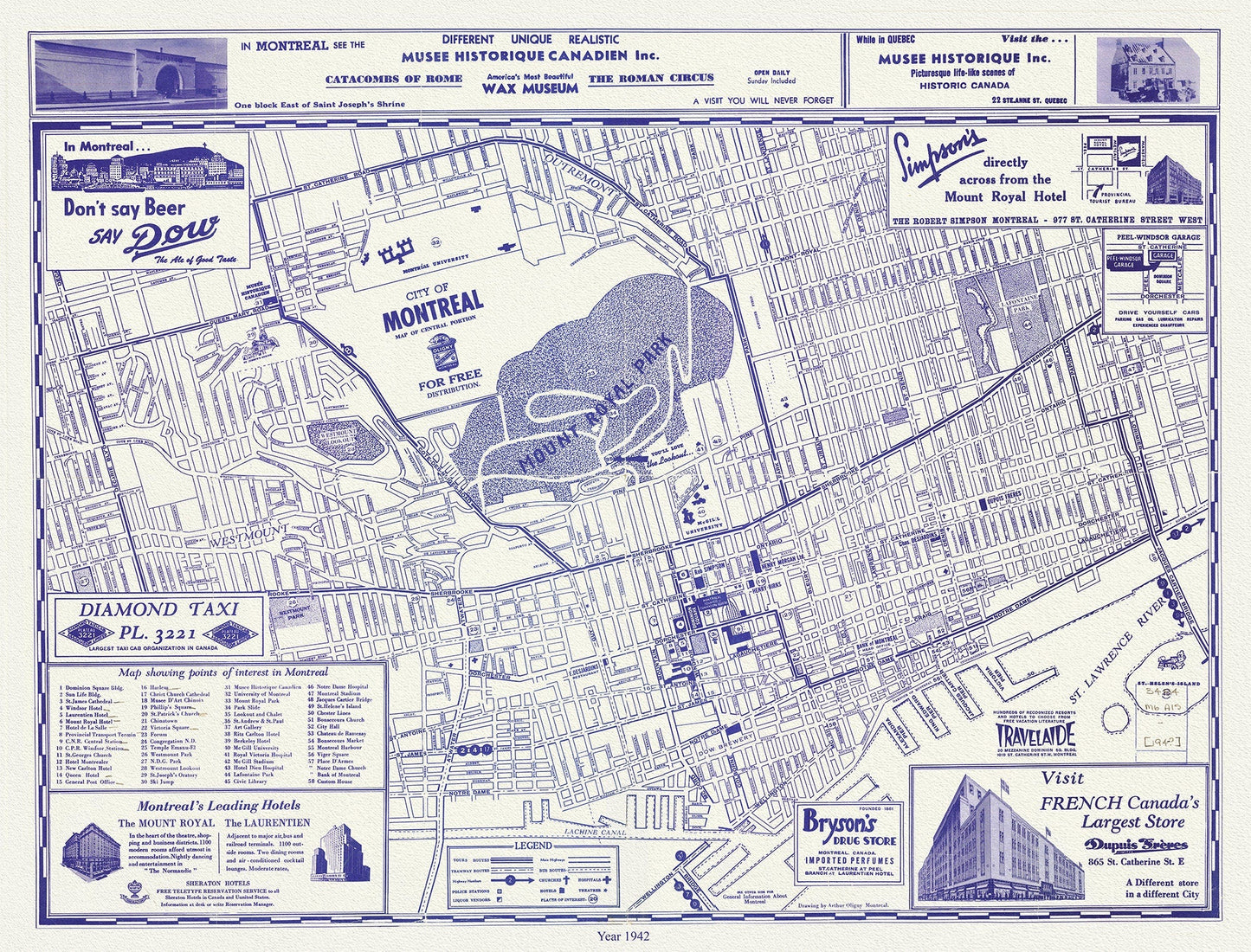 Montreal, a base Map, 1942 reprinted on durable cotton canvas, 50 x 70 cm, 20 x 25" approx. - The Map Chest