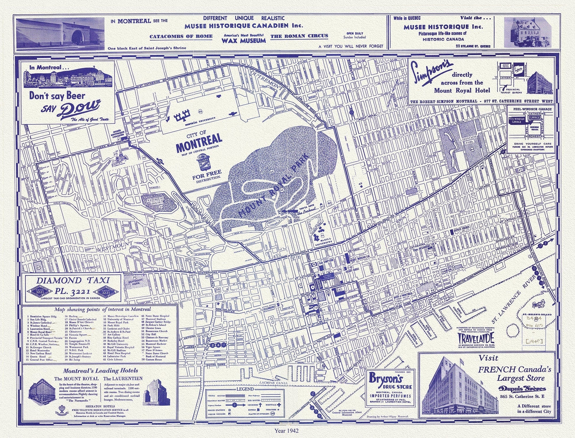 Montreal, a base Map, 1942 reprinted on durable cotton canvas, 50 x 70 cm, 20 x 25" approx. - The Map Chest