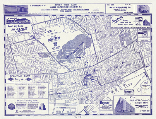 Montreal, a base Map, 1942 reprinted on durable cotton canvas, 50 x 70 cm, 20 x 25" approx. - The Map Chest